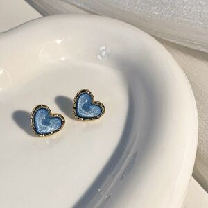 Stainless Steel Sparkly Heart Earrings Blue and Gold